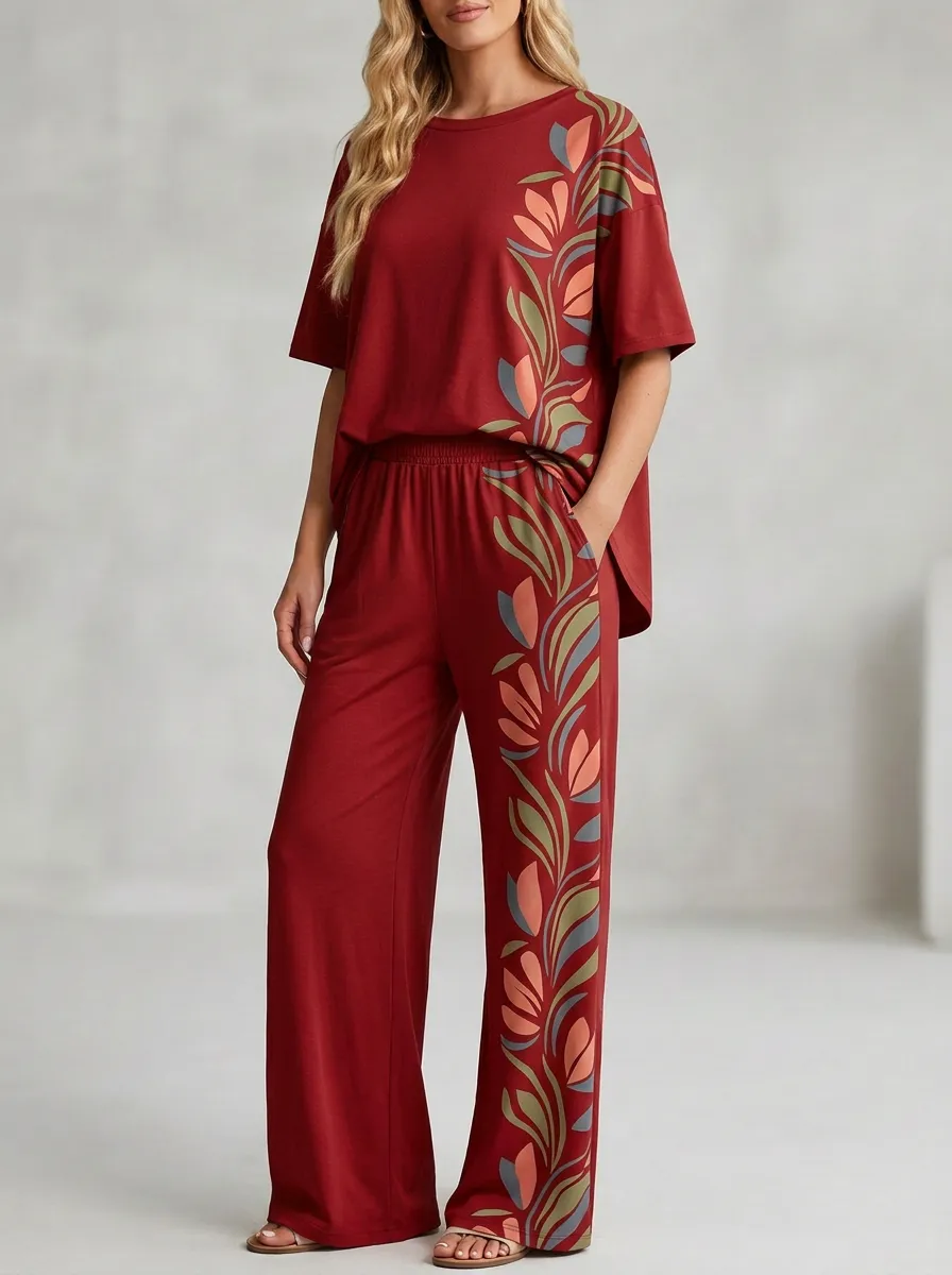 Women's Side Botanical Print Crewneck Top And Wide-Leg Trouser Lounge Set