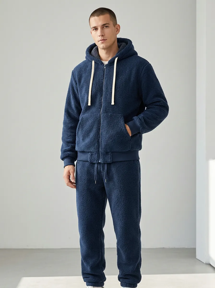 Men's Winter Fleece-Lined Zip-Up Hoodie and Pants Set with Sherpa Lining