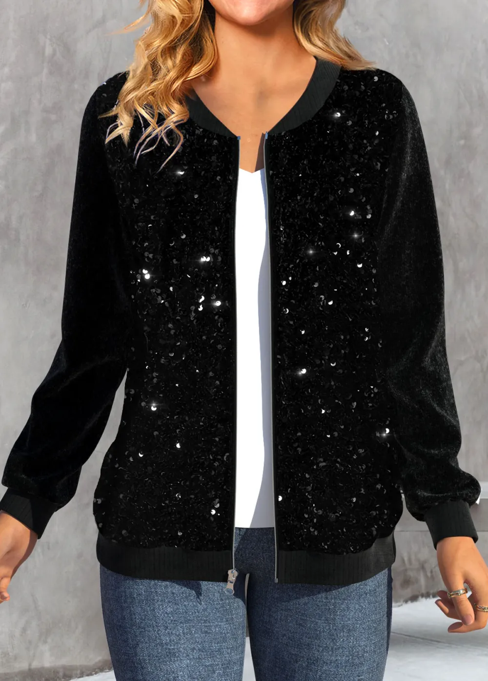 Black Sequin Long Sleeve Patchwork Jacket