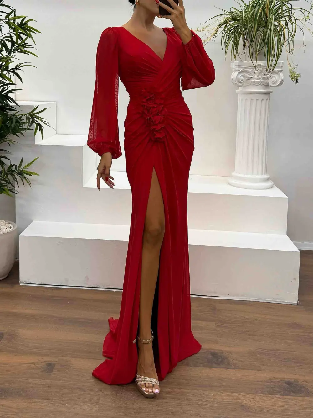 V Neck Ruched Floral Maxi Dress