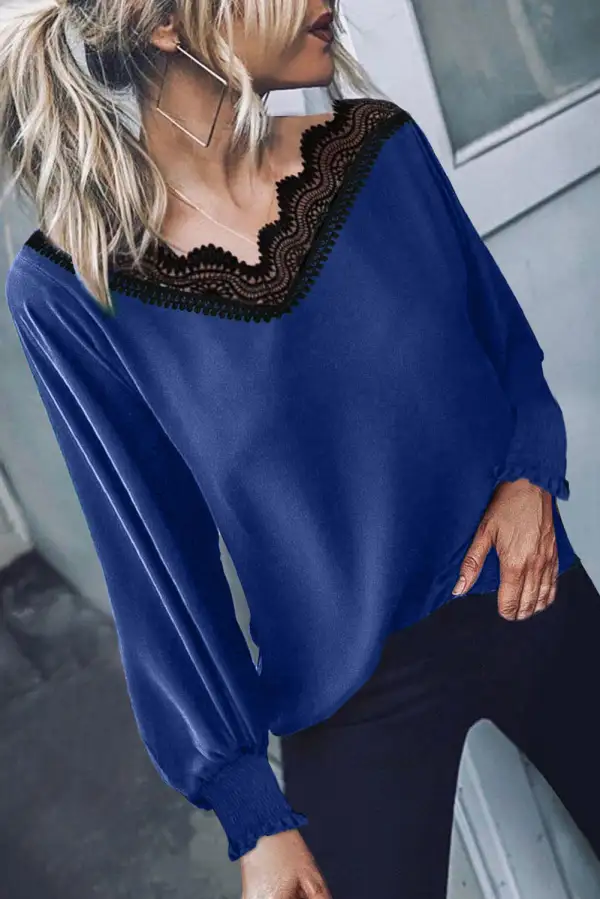 V Neck Lace Patchwork Blouse