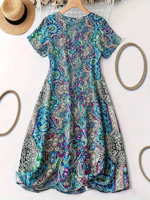 Paisley Print V Neck Short Sleeve Dress Casual