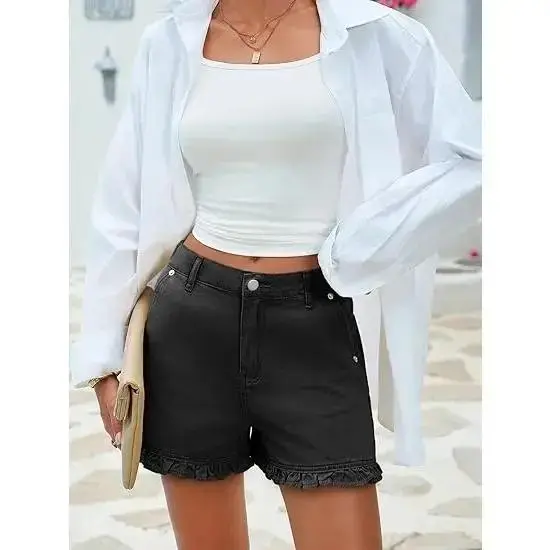 Women's Summer Ruffle Denim Shorts Cute High Waisted Cotton Jorts