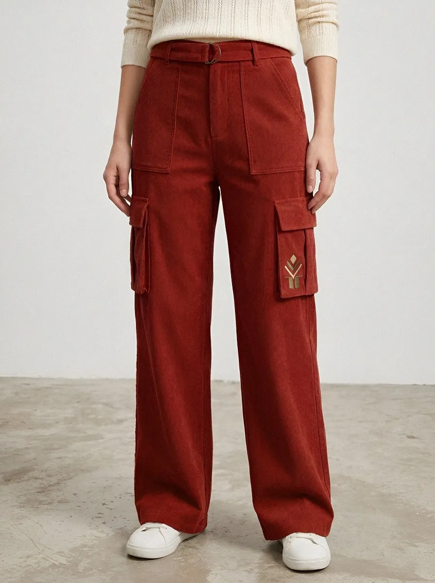 Women's Minimalist Geometric Pattern Printed Corduroy Cargo Pants