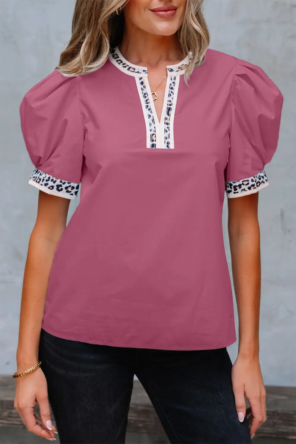 Leopard Print Puff Sleeve Split Neck Blouse
