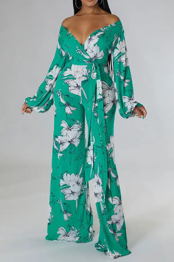 Floral Print Belted Puff Sleeve Jumpsuit