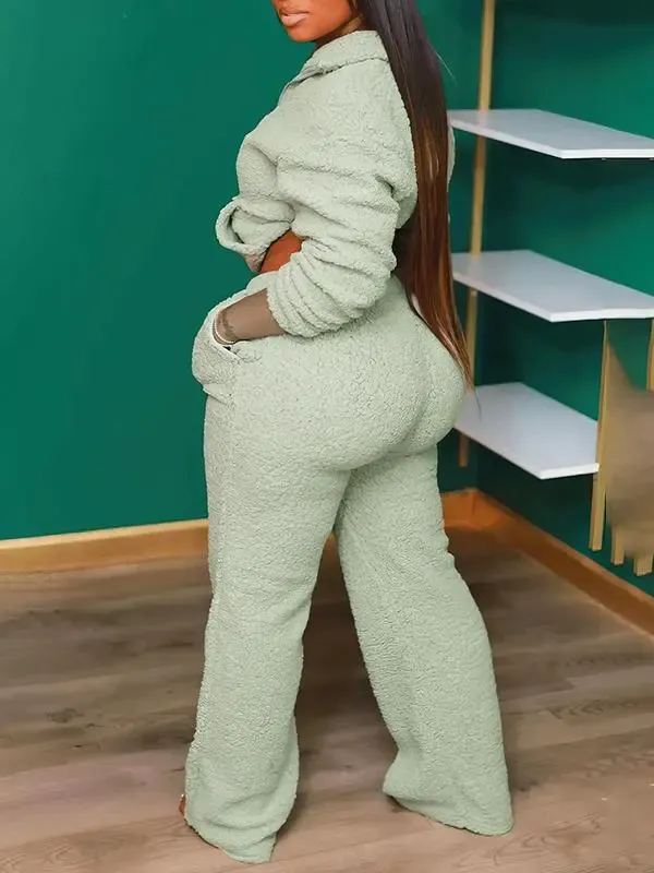 Casual Solid Color Pocket Polar Fleece Zipper Top and Pants Suit