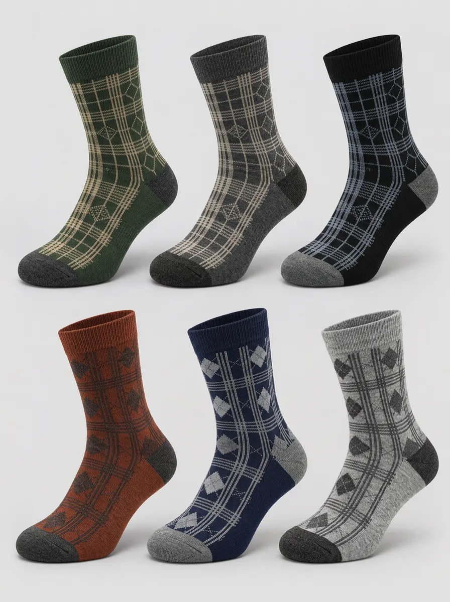 Men's Vintage Argyle Plaid Pattern Printed Crew Socks 6-Pack
