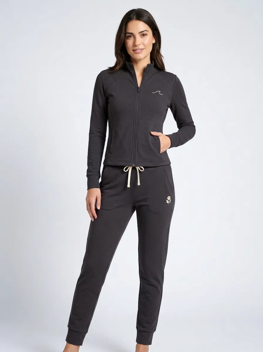 Women's Navy Blue Wave and Rose Embroidered Tracksuit Set