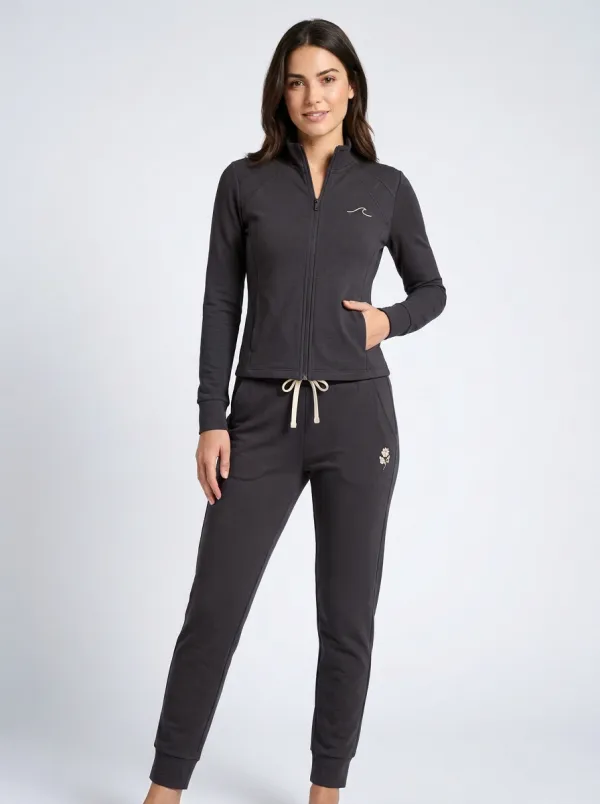 Women's Navy Blue Wave and Rose Embroidered Tracksuit Set