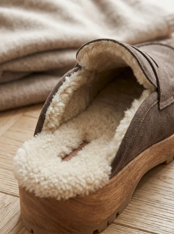 Women's Polished Faux Fur Lined Platform Suede Wood Sole Loafers