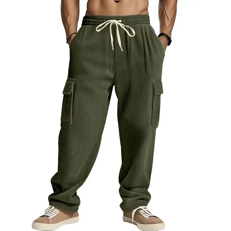 Men's Loose Corduroy Pants with Cargo Pockets and Drawstring Waistband Cargo Pants