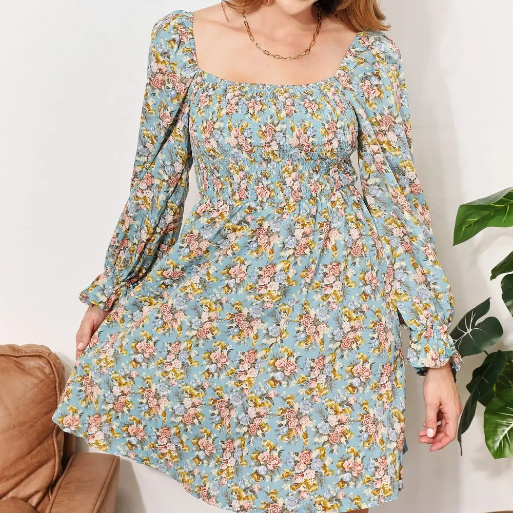 Honey Floral Smocked Flounce Sleeve Square Neck Dress