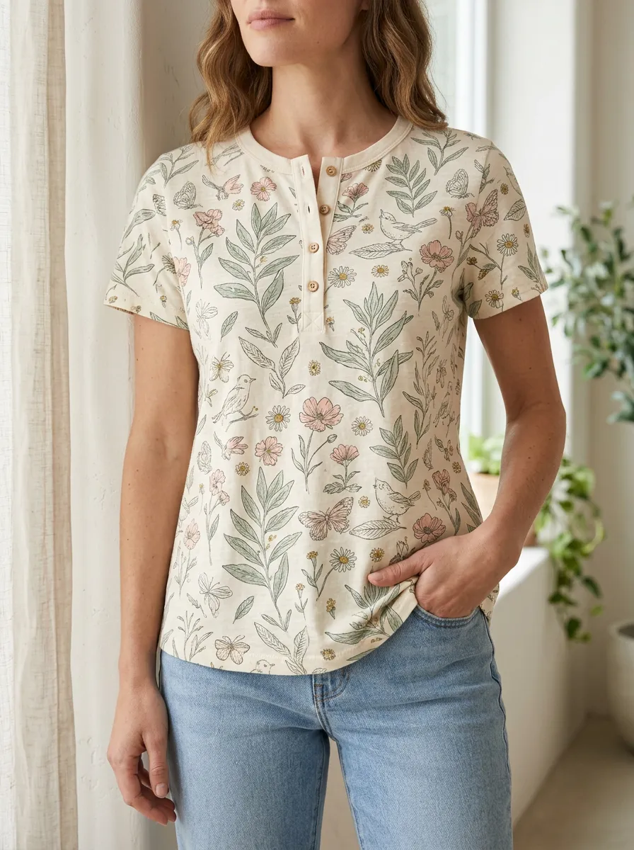 Women's Floral Bird Butterfly Printed Henley T-shirt