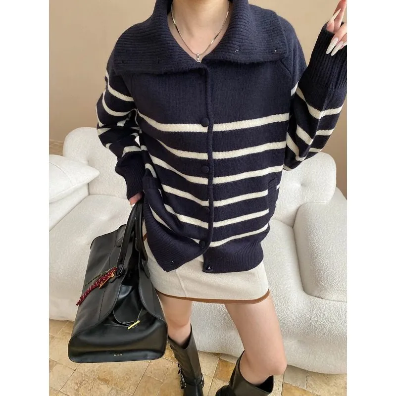 Contemporary Color Block Striped Collar Loose Cardigan Sweater