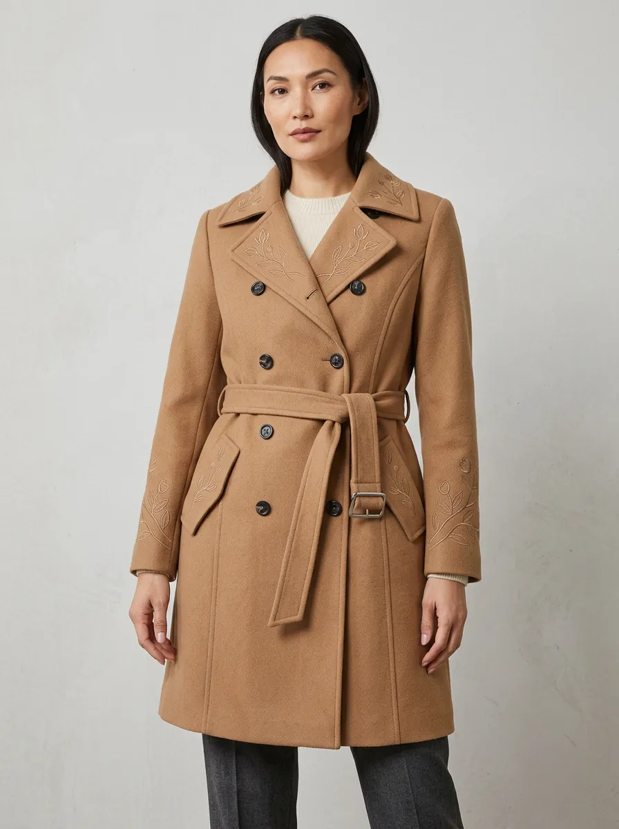 Women's Floral Embroidered Camel Trench Coat