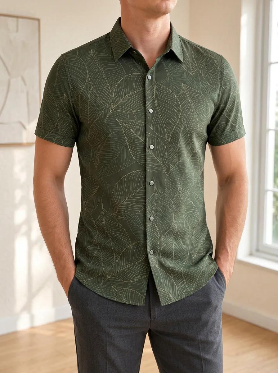 Men's Tropical Leaf Pattern Olive Green Printed Slim Fit Shirt