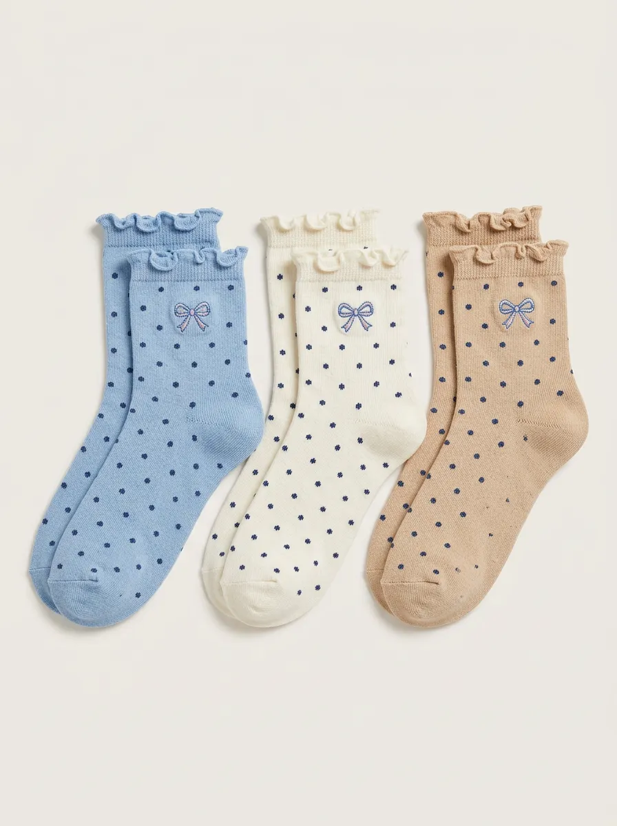 Women's Coquette Aesthetic Bow Polka Dot Ruffled Printed Socks 3-Pack