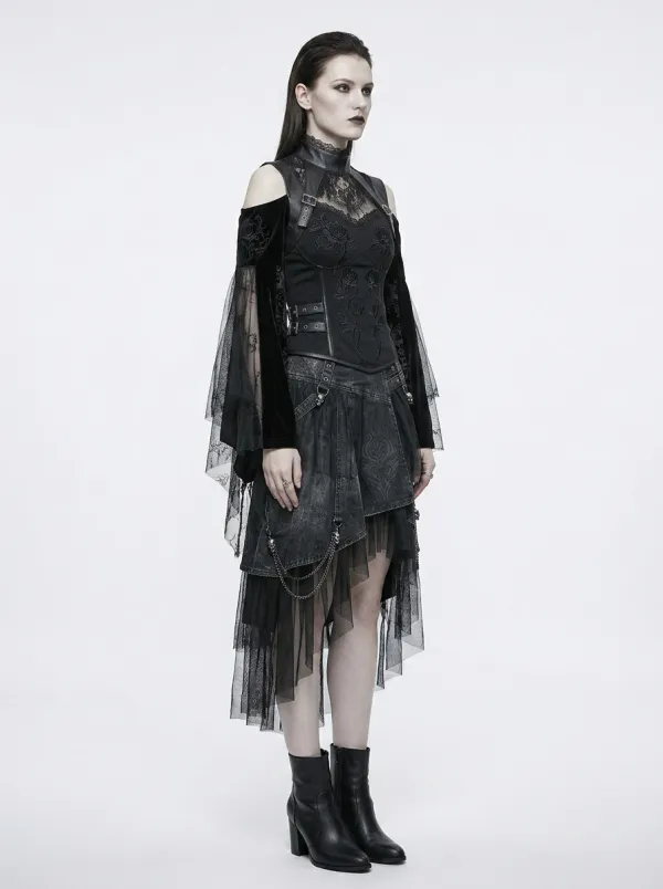 Women's Gothic Rose Embroidery Lace Mesh Sleeve Printed Top