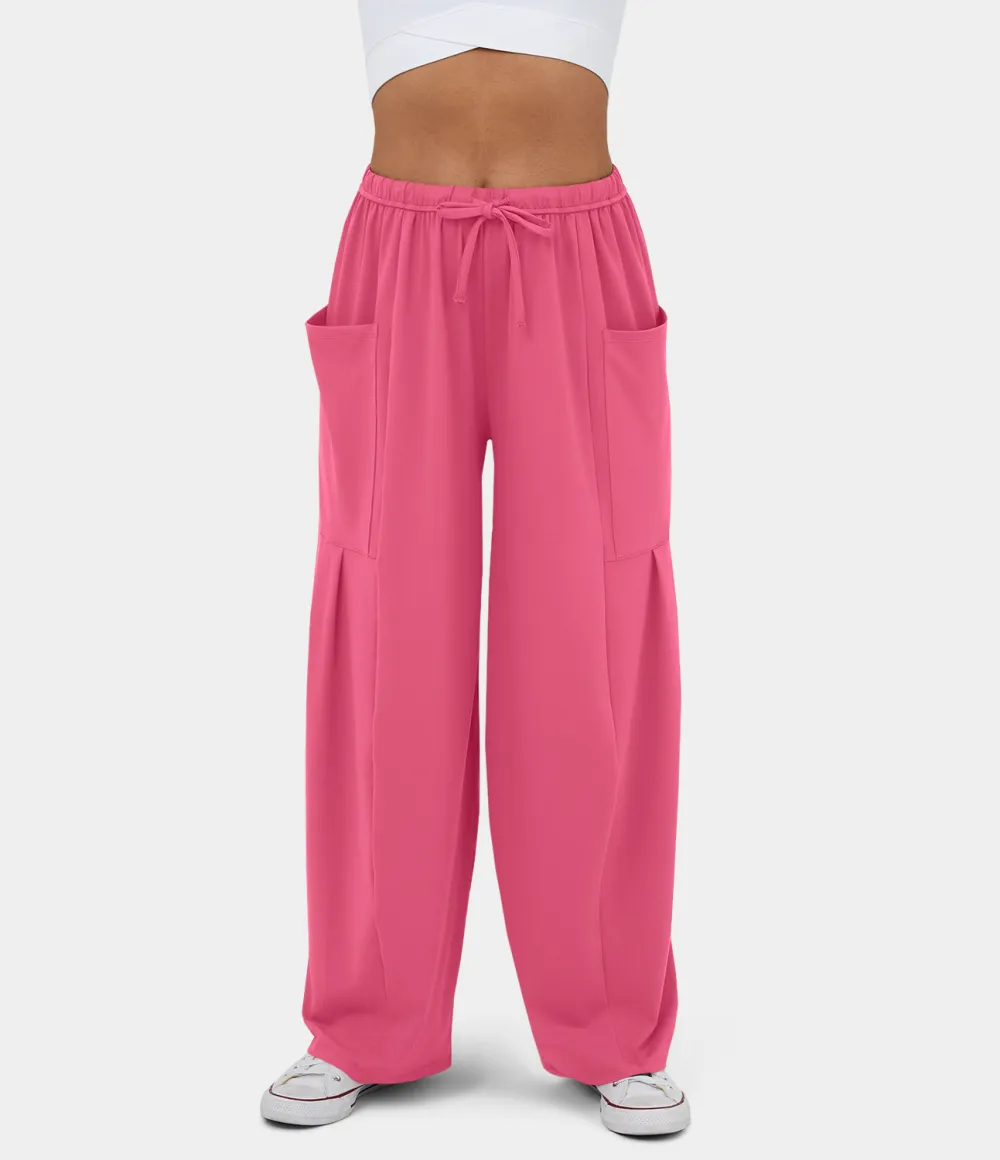 Mid Rise Elastic Waistband Drawstring Side Pocket Palazzo Flowy Wide Leg Casual Pants