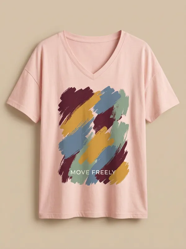 Women's Move Freely Abstract Brushstroke Printed V-Neck T-Shirt