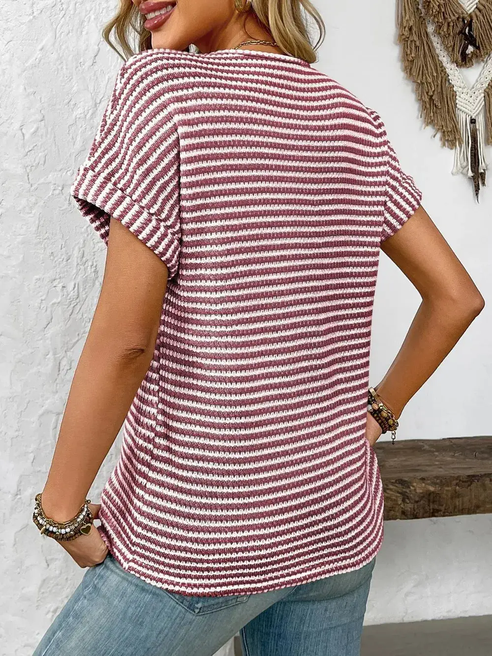 Everyday Striped Notched Short Sleeve T-Shirt