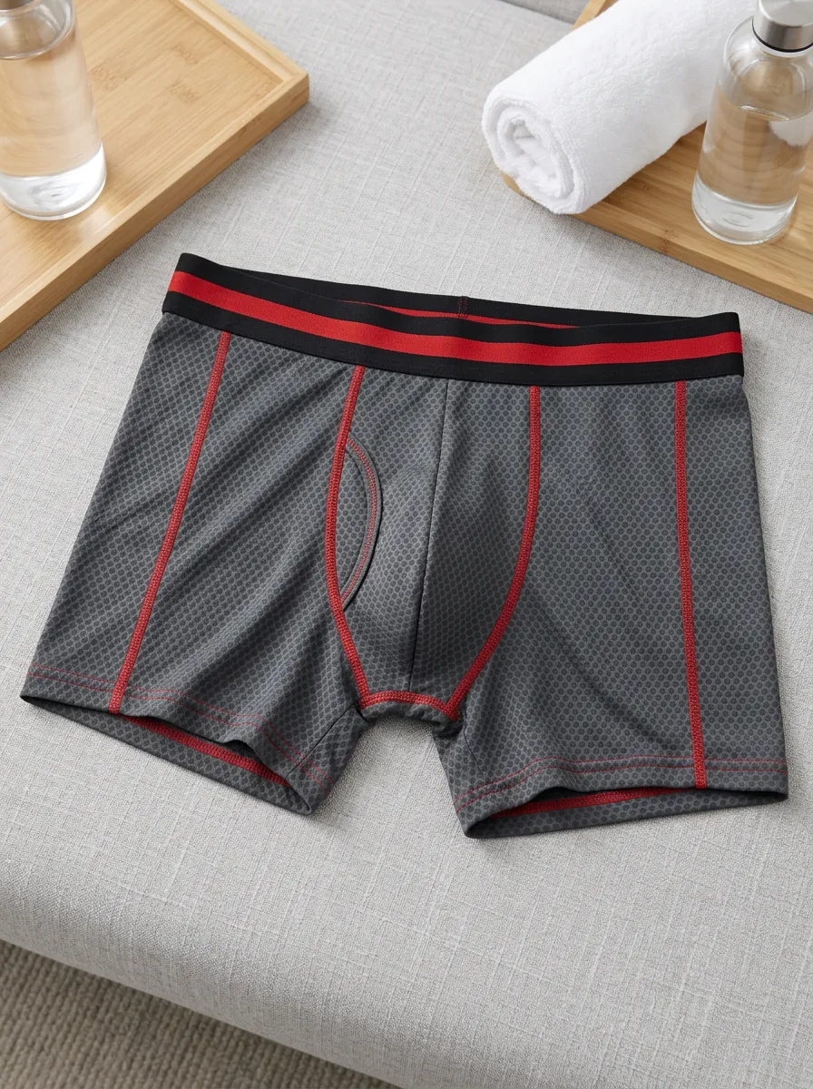 Men's Sporty Grey Honeycomb Pattern Red Trim Printed Boxer Briefs