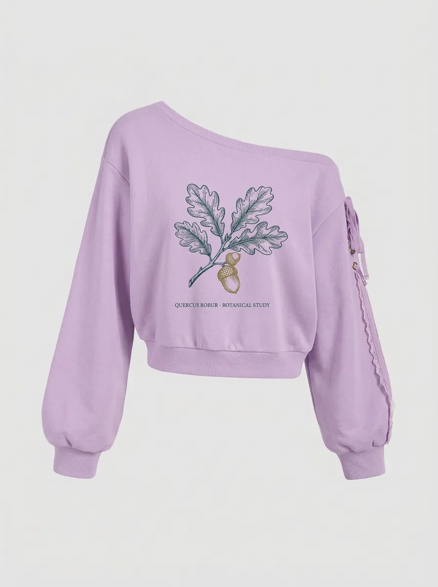 Women's Nature Oak Acorn Botanical Graphic Off-Shoulder Sweatshirt
