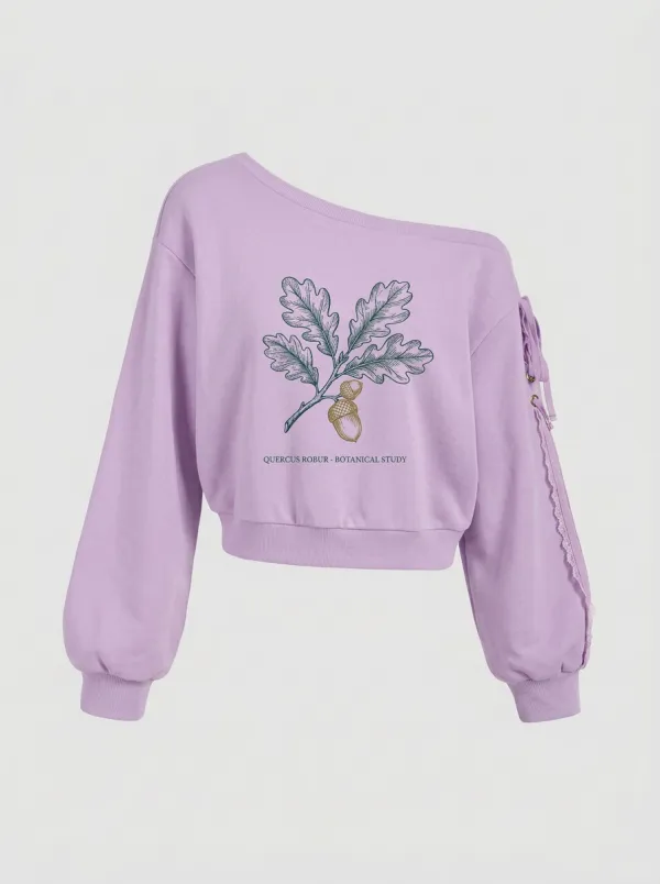 Women's Nature Oak Acorn Botanical Graphic Off-Shoulder Sweatshirt