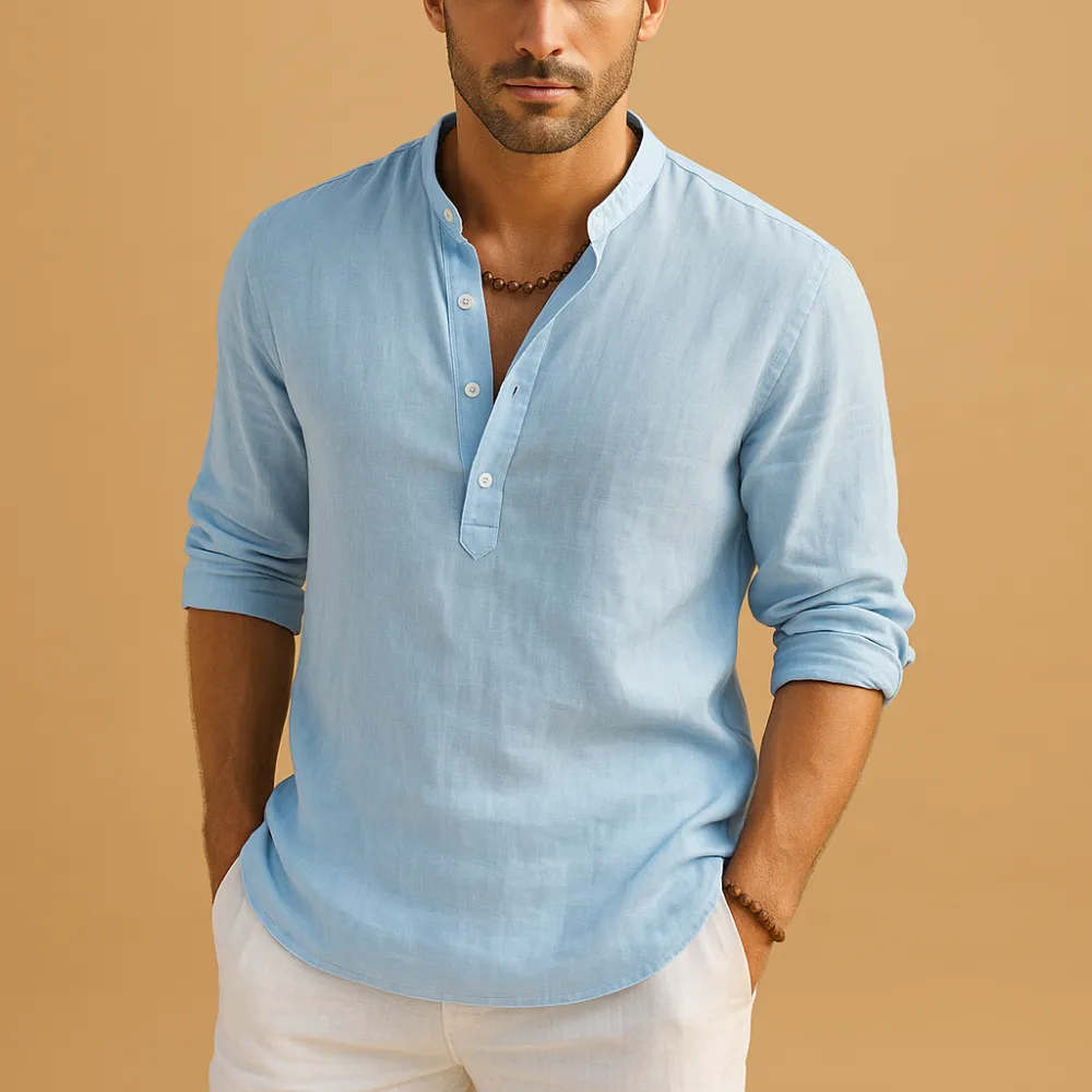 Linen Mandarin Collar Long Sleeve Shirt