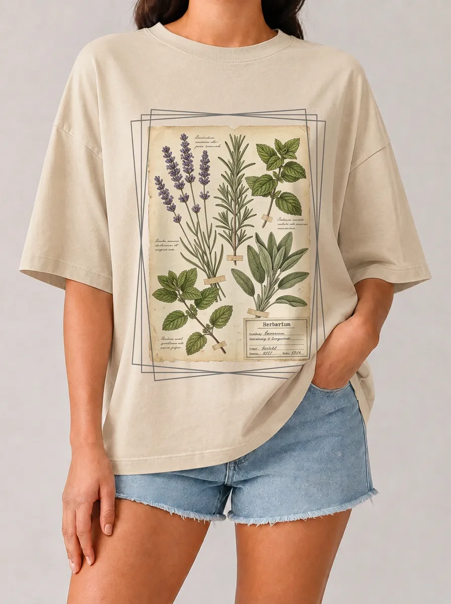 Women's Botanical Herbarium Lavender Rosemary Printed T-shirt