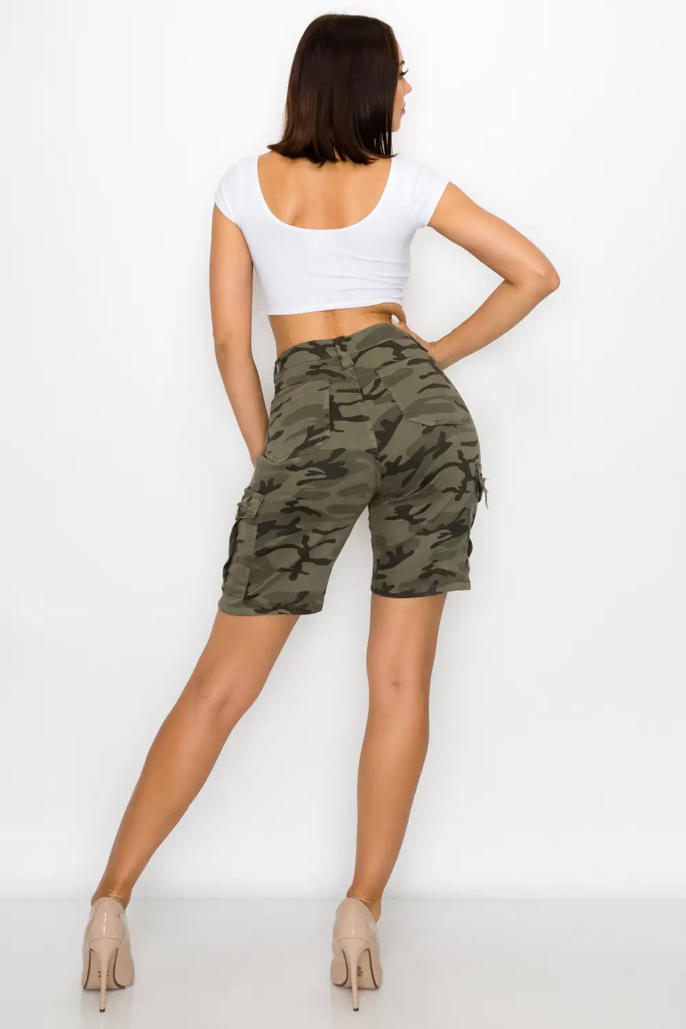 High-Rise Denim Cargo Shorts