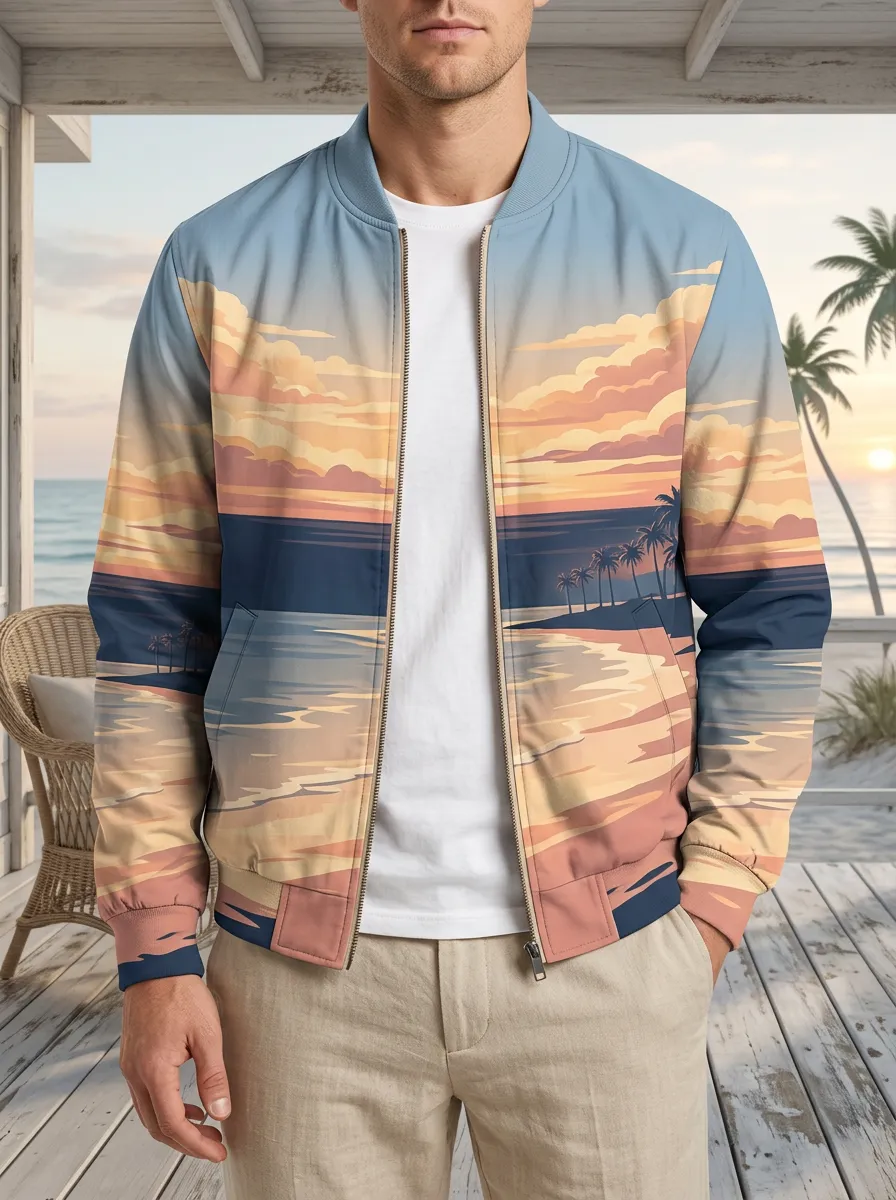 Men's Tropical Beach Sunset Palm Tree Printed Bomber Jacket