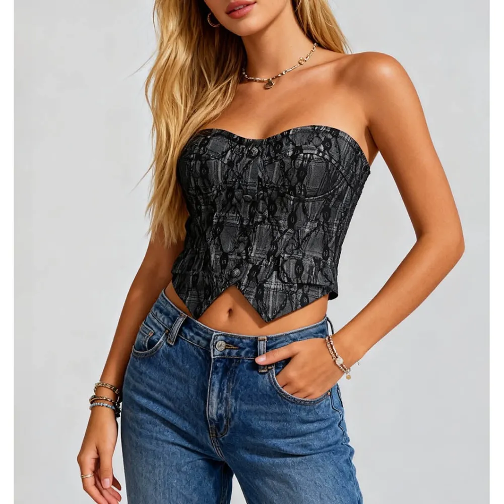 Lace Overlay Corset Pattern Faux Button Tube Top