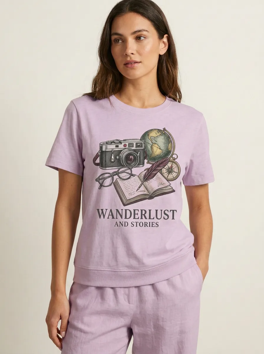 Women's Travel Wanderlust Camera Globe Graphic T-Shirt