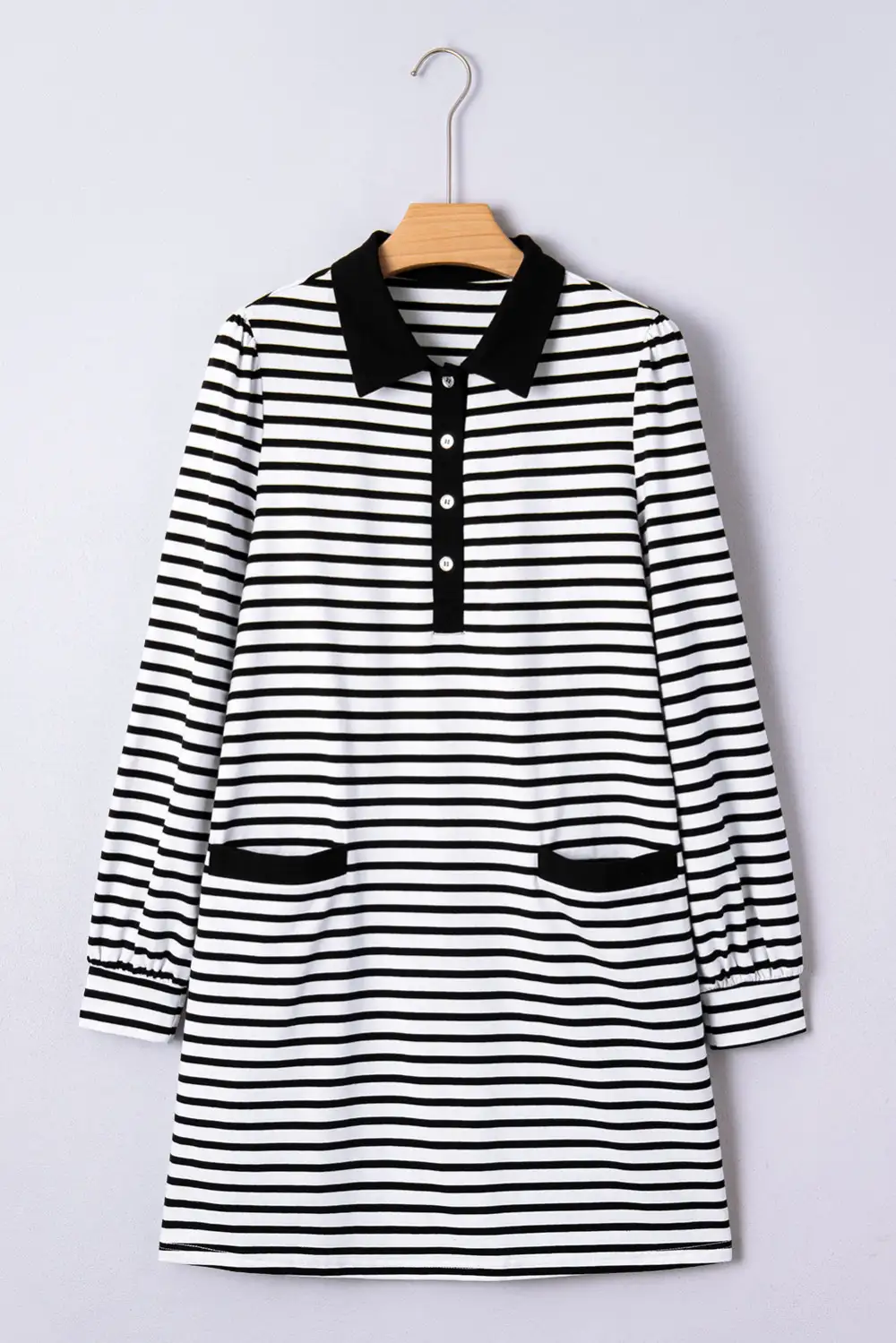 Finish Striped Button Front Pocketed Shirt Dress