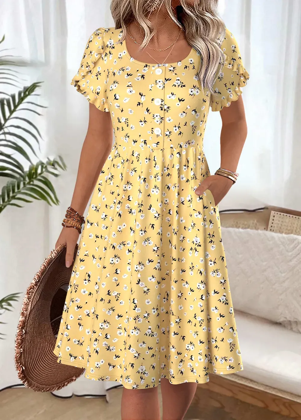 Yellow Ditsy Floral Print Short Sleeve Boat Neck Dress