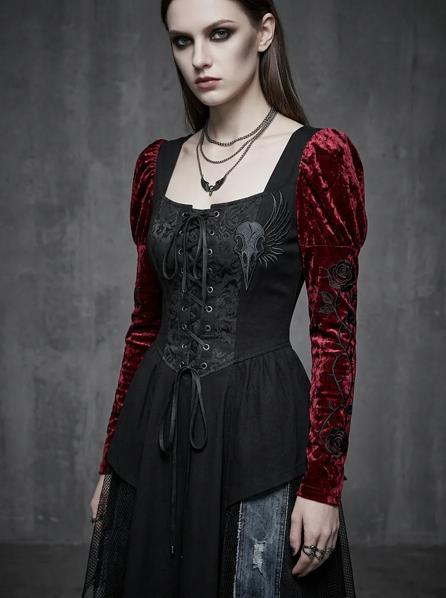 Women's Gothic Skull Rose Velvet Sleeve Lace-up Printed Top