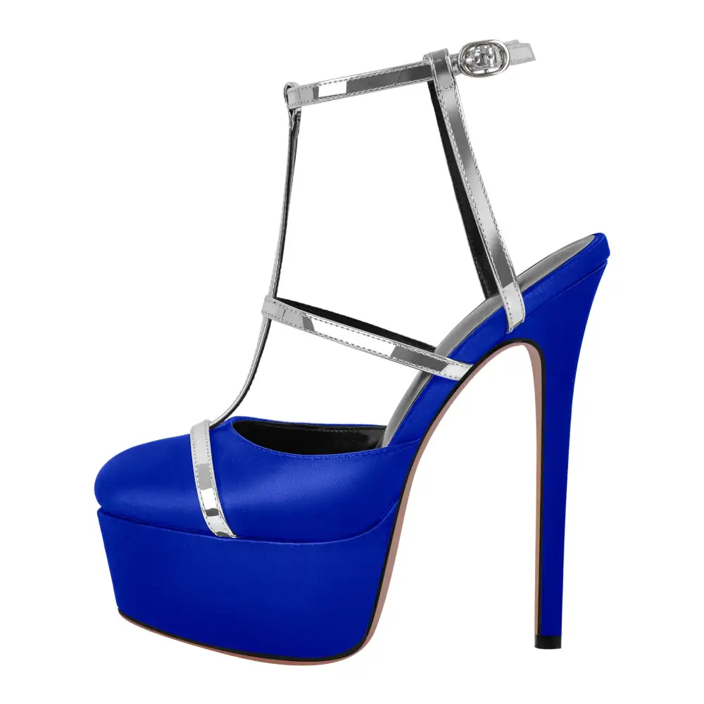 Modern Round Toe Platform Stiletto Ankle Strap Pumps