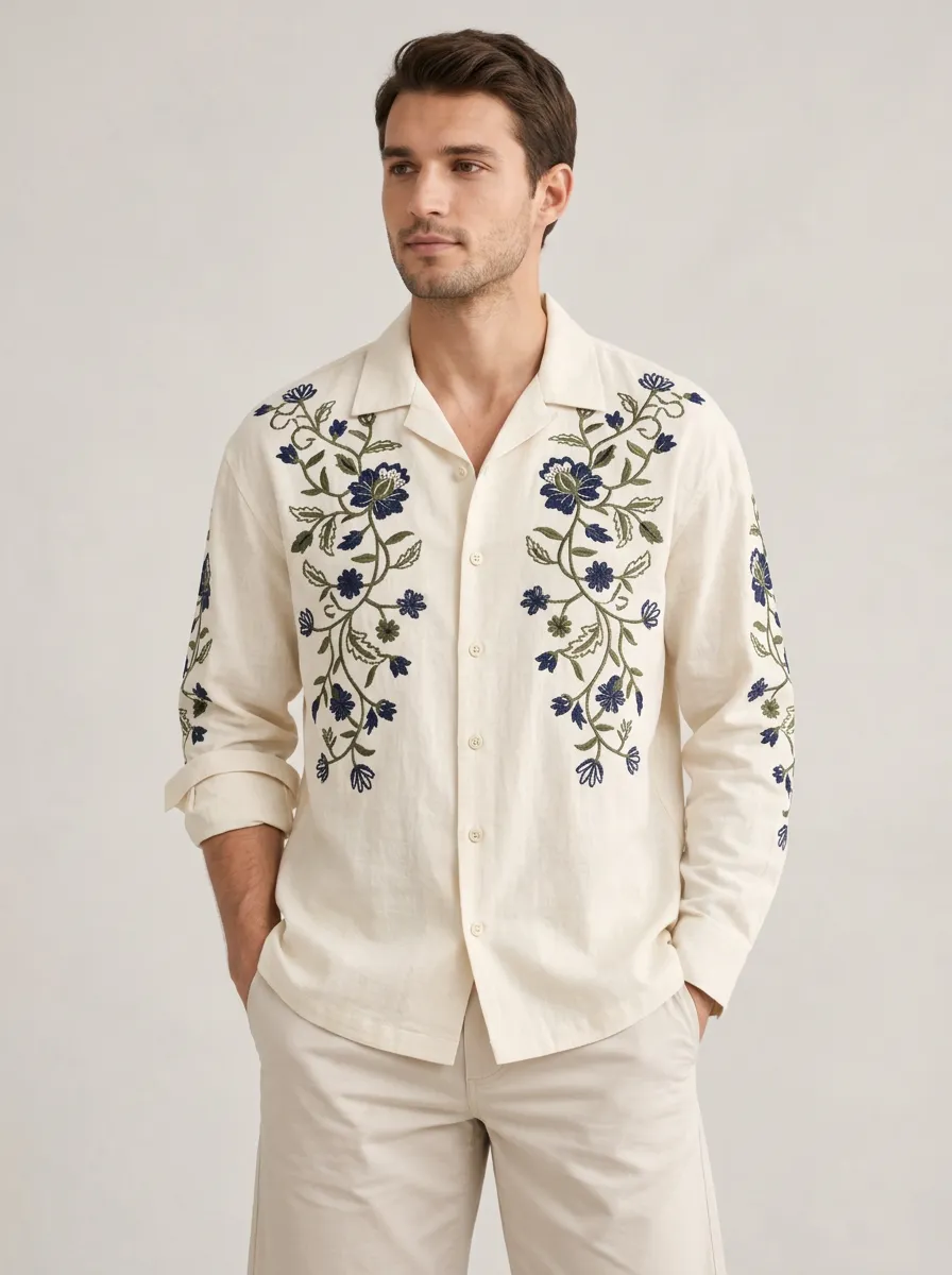 Men's Botanical Easygoing Embroidered Long Sleeve Shirt