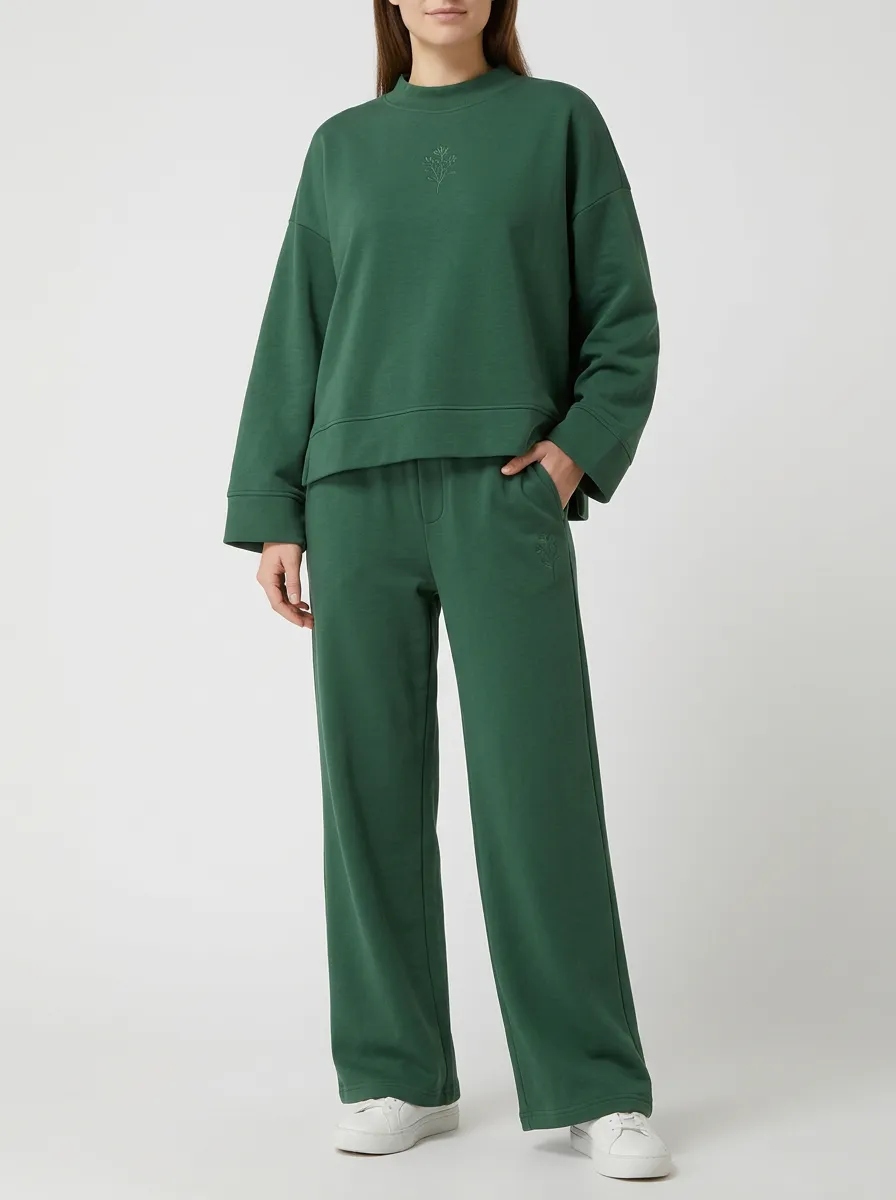 Botanical Detail Print Accented Red Sweatshirt and Pants Set