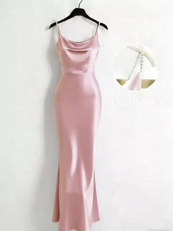 Pearl Strap Cowl Neck Satin Everyday Maxi Dress