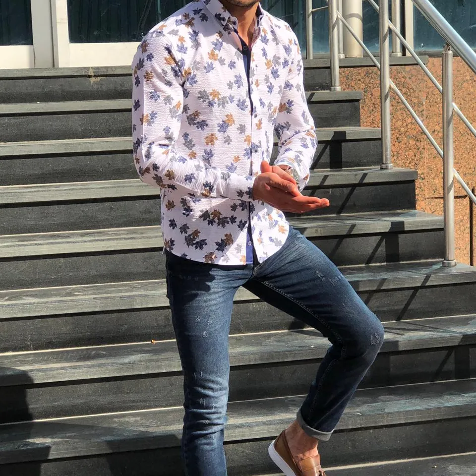 Detailed Patterned Slim Fit Cotton Casual Shirt