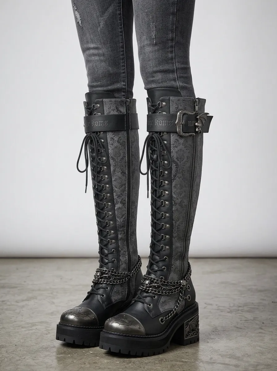 Classic Gothic Skull Damask Chain Statement Women's Gothic Platform Boots