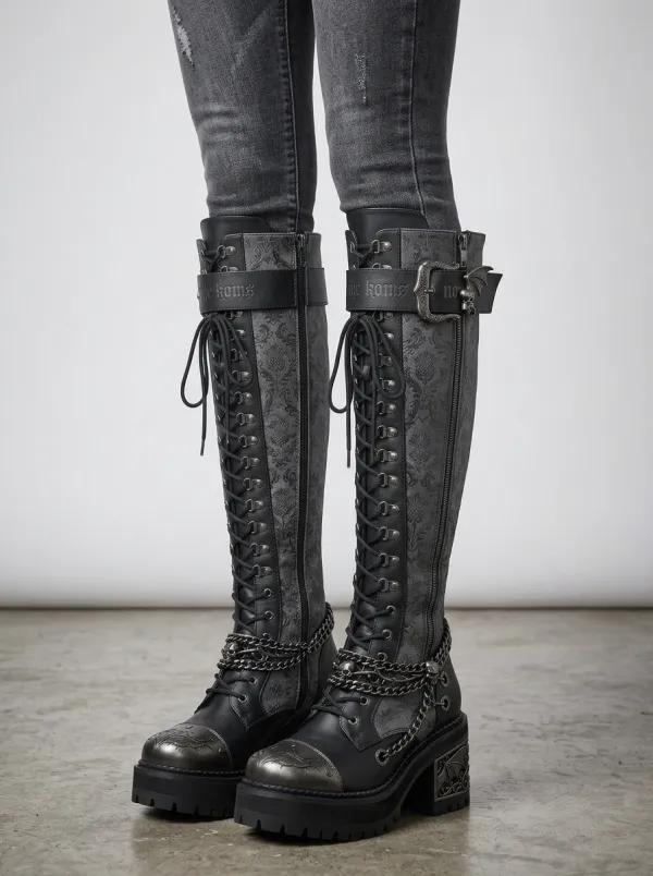 Classic Gothic Skull Damask Chain Statement Women's Gothic Platform Boots