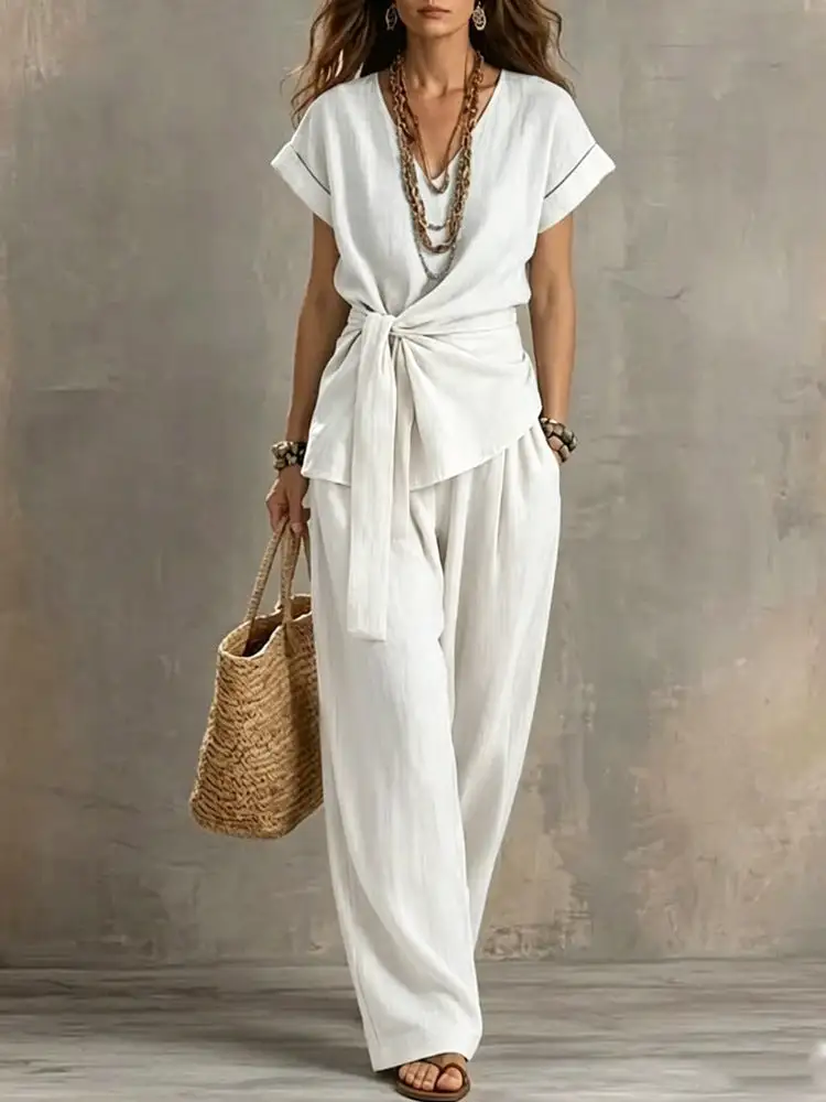 Refined Short-Sleeve V-Neck Women's Matching Set