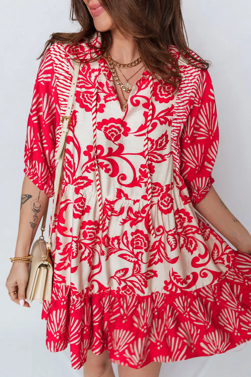Women's V Neck Collared Half Sleeve Loose Fit Mini Dress