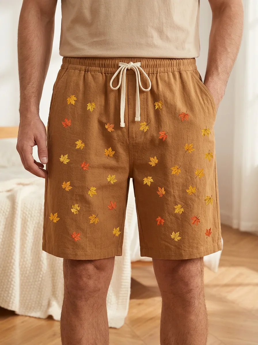 Maple Leaf Print Drawstring Scattered Shorts