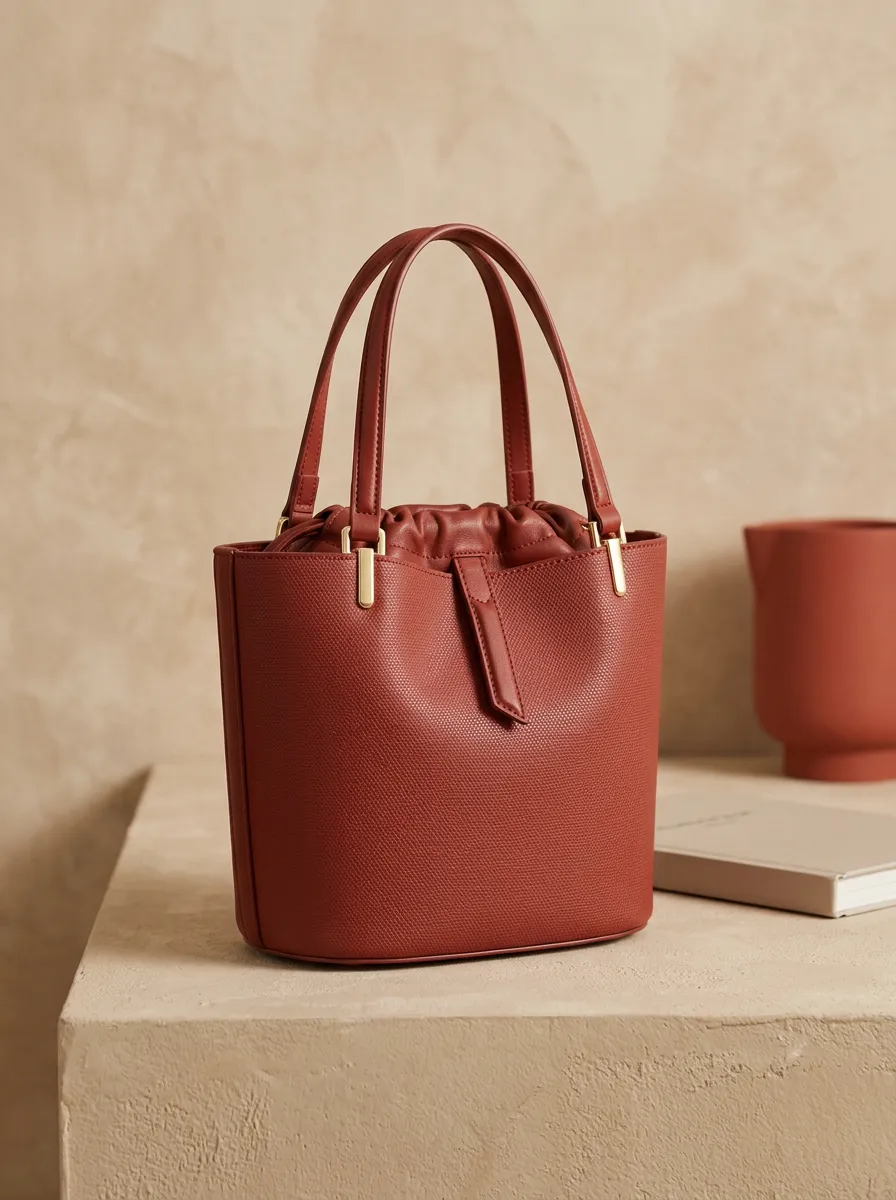 Women's Textured Drawstring Dual-Handle Bucket Bag