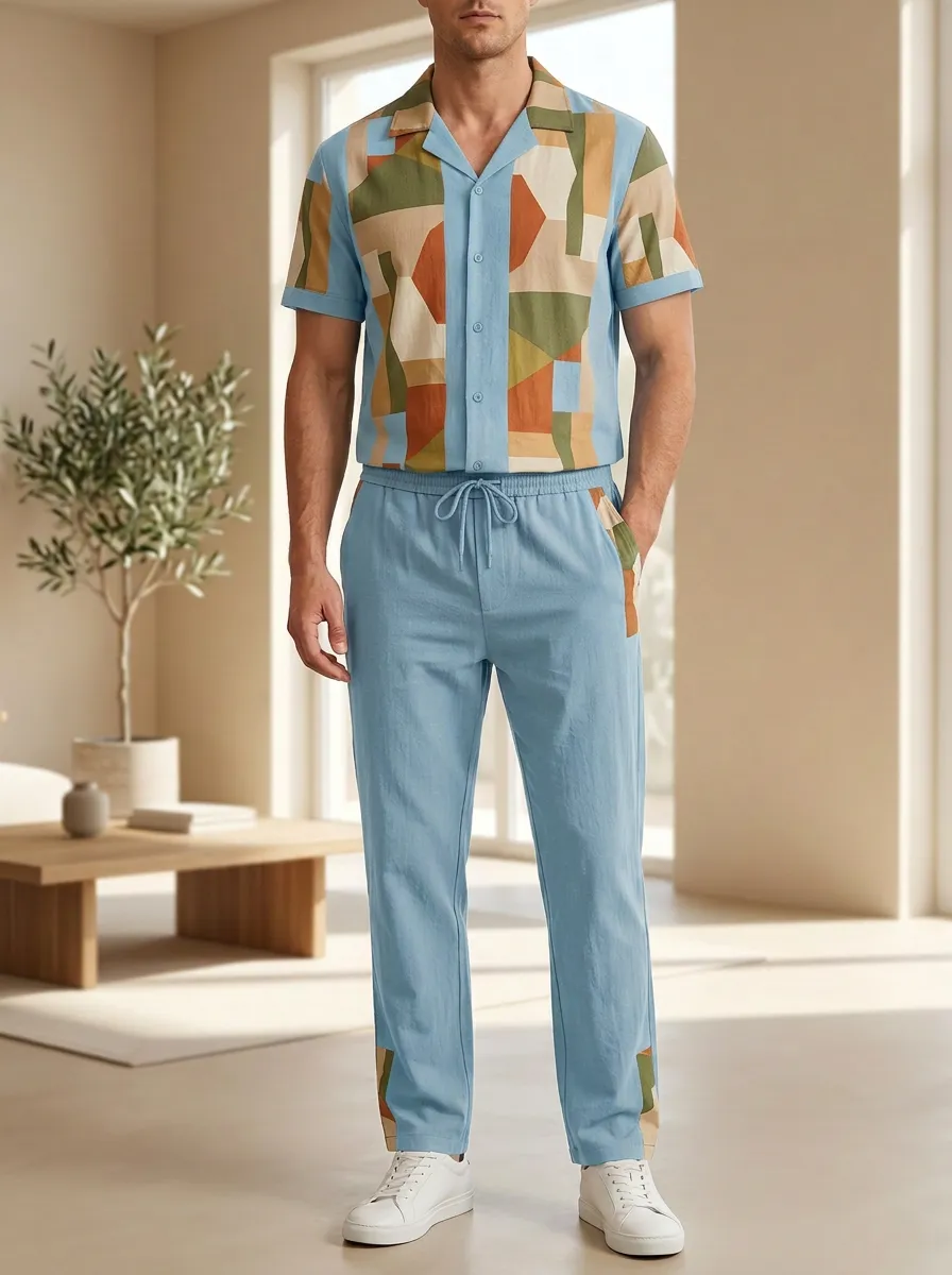 Men's Geometric Pattern Printed Casual Lounge Set